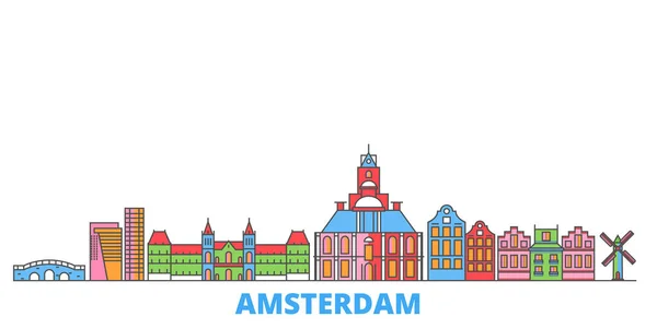 Paesi Bassi, Amsterdam City Line Cityscape, vettore piatto. Città di viaggio punto di riferimento, illustrazione oultine, icone del mondo linea — Vettoriale Stock