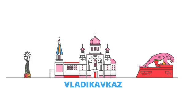 Rusia, paisaje urbano de la línea Vladikavkaz, vector plano. Monumento de la ciudad de viajes, ilustración de oultine, iconos del mundo de línea — Vector de stock