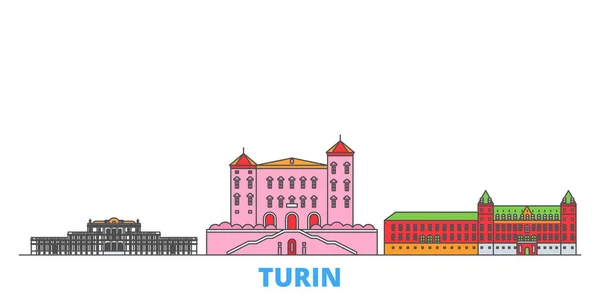 Italia, Turín, Residencias de la Casa Real de Savoy paisaje urbano línea, vector plano. Monumento de la ciudad de viajes, ilustración de oultine, iconos del mundo de línea — Vector de stock