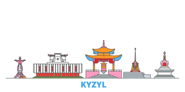 Rusko, městská krajina Kyzyl, rovný vektor. Turistické památky města, oultine ilustrace, linie světových ikon — Stockový vektor