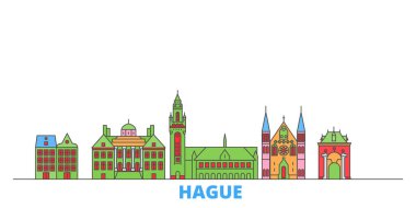 Hollanda, Lahey hattı şehir manzarası, düz vektör. Seyahat şehri simgesi, oultine illüstrasyonu, çizgi dünyası simgeleri