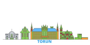 Polonya, Torun hattı şehir manzarası, düz vektör. Seyahat şehri simgesi, oultine illüstrasyonu, çizgi dünyası simgeleri