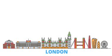 Birleşik Krallık, Londra hattı şehir manzarası, düz vektör. Seyahat şehri simgesi, oultine illüstrasyonu, çizgi dünyası simgeleri