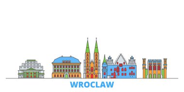 Polonya, Wroclaw hattı şehir manzarası, düz vektör. Seyahat şehri simgesi, oultine illüstrasyonu, çizgi dünyası simgeleri