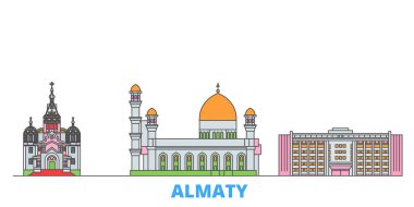 Kazakistan, Almaty hattı şehir merkezi, düz vektör. Seyahat şehri simgesi, oultine illüstrasyonu, çizgi dünyası simgeleri