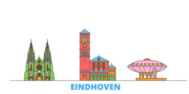Hollanda, Eindhoven hattı şehir manzarası, düz vektör. Seyahat şehri simgesi, oultine illüstrasyonu, çizgi dünyası simgeleri