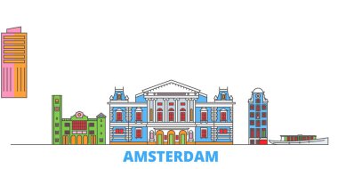 Hollanda, Amsterdam hattı şehir manzarası, düz vektör. Seyahat şehri simgesi, oultine illüstrasyonu, çizgi dünyası simgeleri