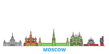 Rusya, Moskova hattı şehir manzarası, düz vektör. Seyahat şehri simgesi, oultine illüstrasyonu, çizgi dünyası simgeleri