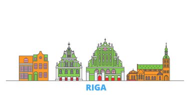 Letonya, Riga hattı şehir manzarası, düz vektör. Seyahat şehri simgesi, oultine illüstrasyonu, çizgi dünyası simgeleri