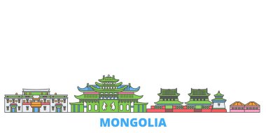 Moğolistan hattı şehir manzarası, düz vektör. Seyahat şehri simgesi, oultine illüstrasyonu, çizgi dünyası simgeleri