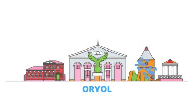 Rusya, Oryol hattı şehir manzarası, düz vektör. Seyahat şehri simgesi, oultine illüstrasyonu, çizgi dünyası simgeleri