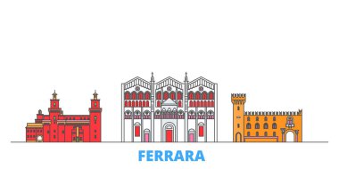 İtalya, Ferrara hattı şehir manzarası, düz vektör. Seyahat şehri simgesi, oultine illüstrasyonu, çizgi dünyası simgeleri