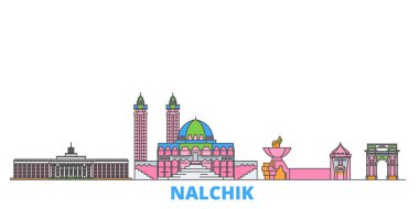 Rusya, Nalchik hattı şehir manzarası, düz vektör. Seyahat şehri simgesi, oultine illüstrasyonu, çizgi dünyası simgeleri
