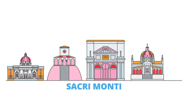 Italie, Piémont et Lombardie, Sacri Monti ligne paysage urbain, vecteur plat. Voyage ville point de repère, oultine illustration, ligne icônes du monde — Image vectorielle