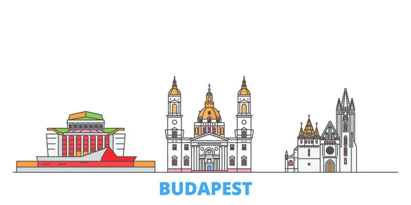 Hungria, Budapeste Cidade linha cityscape, vetor plana. Viagem cidade marco, ilustração oultine, ícones do mundo de linha —  Vetores de Stock