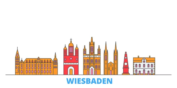 Alemania, Wiesbaden paisaje urbano de línea, vector plano. Monumento de la ciudad de viajes, ilustración de oultine, iconos del mundo de línea — Vector de stock