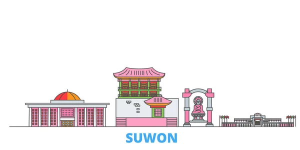 Corea del Sur, paisaje urbano de la línea Suwon, vector plano. Monumento de la ciudad de viajes, ilustración de oultine, iconos del mundo de línea — Vector de stock