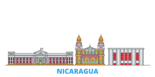 Νικαράγουα, Μανάγκουα γραμμή αστικό τοπίο, επίπεδο διάνυσμα. Ταξίδι πόλη ορόσημο, oultine εικονογράφηση, παγκόσμια εικονίδια γραμμή — Διανυσματικό Αρχείο