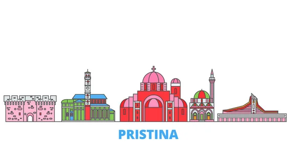 Κοσσυφοπέδιο και Πρίστινα σχηματίζουν αστικό τοπίο, επίπεδο διάνυσμα. Ταξίδι πόλη ορόσημο, oultine εικονογράφηση, παγκόσμια εικονίδια γραμμή — Διανυσματικό Αρχείο