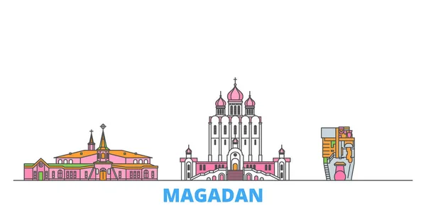 Rússia, paisagem urbana da linha Magadan, vetor plano. Viagem cidade marco, ilustração oultine, ícones do mundo de linha — Vetor de Stock