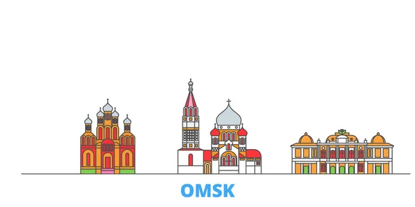 Rusko, Omsk čára města, rovný vektor. Turistické památky města, oultine ilustrace, linie světových ikon — Stockový vektor