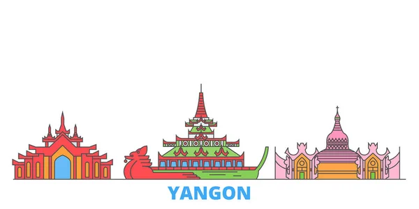 Мьянма, городской пейзаж Янгона, плоский вектор. Ориентир города путешествий, ультина иллюстрации, линии мировых икон — стоковый вектор
