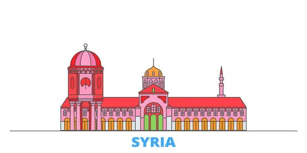 Paisaje urbano sirio, vector plano. Monumento de la ciudad de viajes, ilustración de oultine, iconos del mundo de línea — Vector de stock