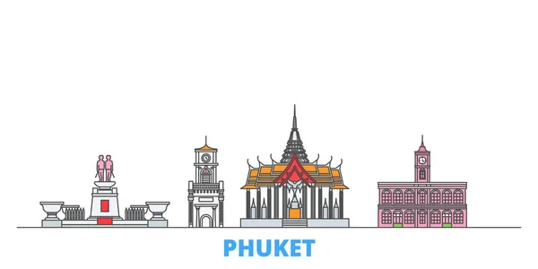 Tailandia, paisaje urbano de la línea Phuket, vector plano. Monumento de la ciudad de viajes, ilustración de oultine, iconos del mundo de línea — Vector de stock