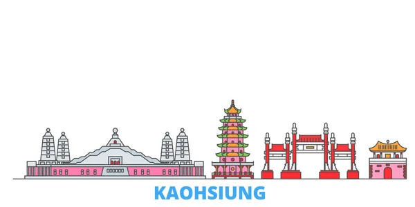 Tajwan, krajobraz Kaohsiung, płaski wektor. Podróże miasto punkt orientacyjny, oultine ilustracja, ikony świata linii — Wektor stockowy