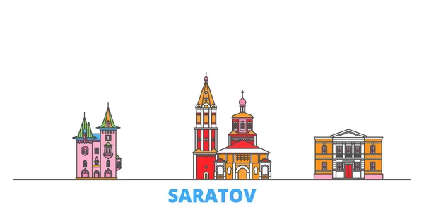 Rusia, paisaje urbano de la línea Saratov, vector plano. Monumento de la ciudad de viajes, ilustración de oultine, iconos del mundo de línea — Vector de stock