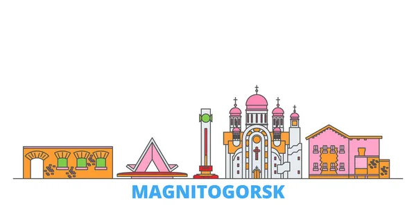 Rusia, paisaje urbano línea Magnitogorsk, vector plano. Monumento de la ciudad de viajes, ilustración de oultine, iconos del mundo de línea — Vector de stock