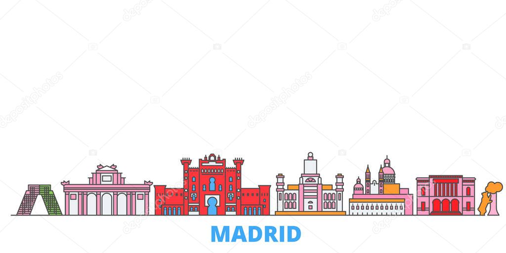 Spain, Madrid line cityscape, flat vector. Travel city landmark, oultine illustration, line world icons