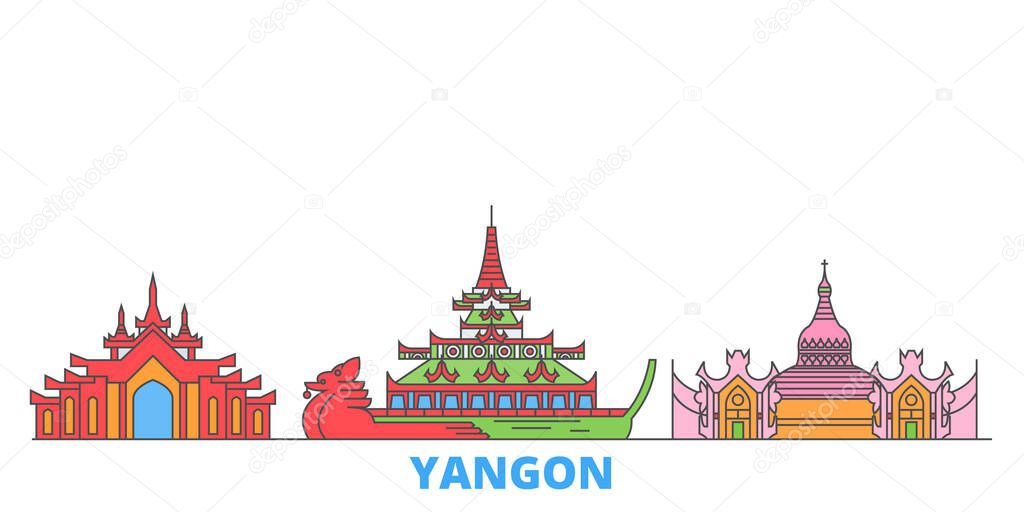 Myanmar, Yangon line cityscape, flat vector. Travel city landmark, oultine illustration, line world icons