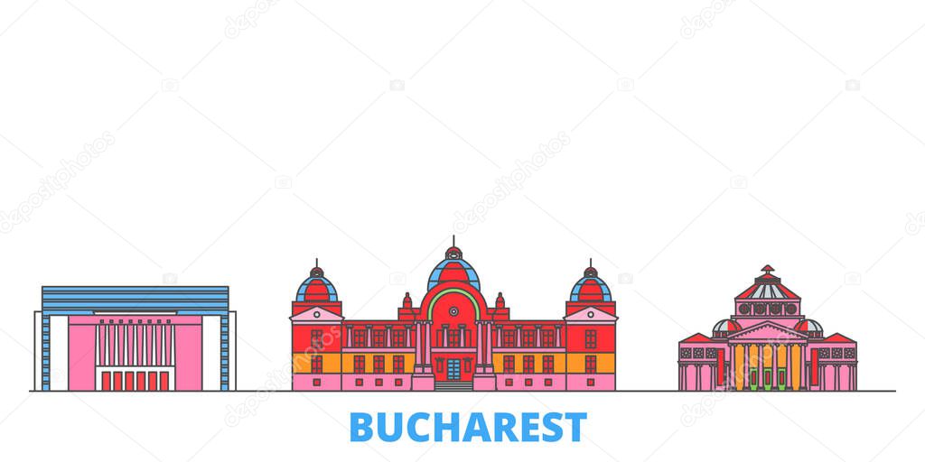 Romania, Bucharest line cityscape, flat vector. Travel city landmark, oultine illustration, line world icons