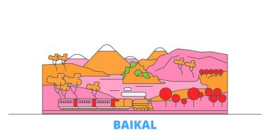 Rusya, Baykal hattı şehir manzarası, düz vektör. Seyahat şehri simgesi, oultine illüstrasyonu, çizgi dünyası simgeleri