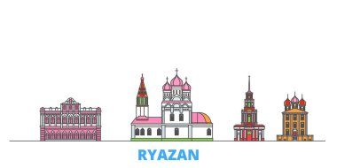 Rusya, Ryazan hattı şehir manzarası, düz vektör. Seyahat şehri simgesi, oultine illüstrasyonu, çizgi dünyası simgeleri