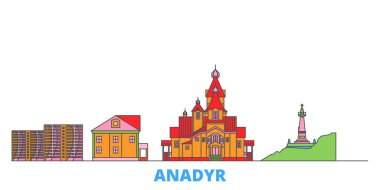 Rusya, Anadyr hattı şehir manzarası, düz vektör. Seyahat şehri simgesi, oultine illüstrasyonu, çizgi dünyası simgeleri
