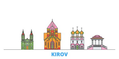 Rusya, Kirov hattı şehir manzarası, düz vektör. Seyahat şehri simgesi, oultine illüstrasyonu, çizgi dünyası simgeleri