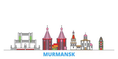 Rusya, Murmansk hattı şehir manzarası, düz vektör. Seyahat şehri simgesi, oultine illüstrasyonu, çizgi dünyası simgeleri