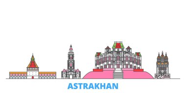 Rusya, Astrakhan hattı şehir manzarası, düz vektör. Seyahat şehri simgesi, oultine illüstrasyonu, çizgi dünyası simgeleri