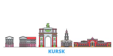 Rusya, Kursk hattı şehir merkezi, düz vektör. Seyahat şehri simgesi, oultine illüstrasyonu, çizgi dünyası simgeleri