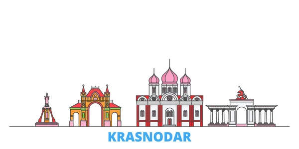 Rusia, paisaje urbano de la línea Krasnodar, vector plano. Monumento de la ciudad de viajes, ilustración de oultine, iconos del mundo de línea — Vector de stock