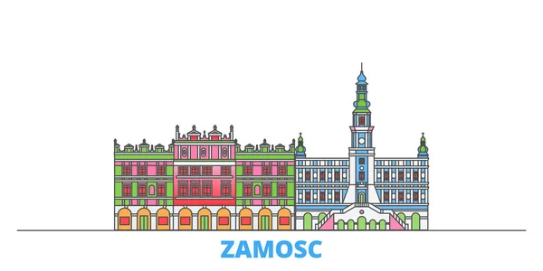 Polsko, městská krajina Zamosc, rovinný vektor. Turistické památky města, oultine ilustrace, linie světových ikon — Stockový vektor