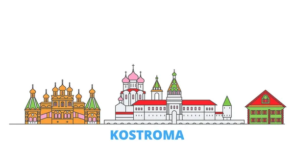 Rusia, paisaje urbano de la línea Kostroma, vector plano. Monumento de la ciudad de viajes, ilustración de oultine, iconos del mundo de línea — Vector de stock
