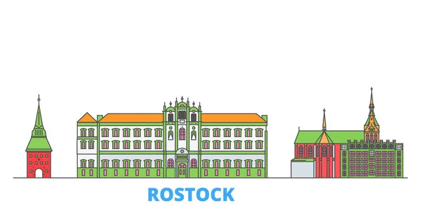 Alemania, paisaje urbano de la línea Rostock, vector plano. Monumento de la ciudad de viajes, ilustración de oultine, iconos del mundo de línea — Vector de stock