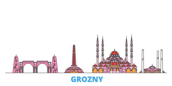 Rusia, paisaje urbano de Grozny, vector plano. Monumento de la ciudad de viajes, ilustración de oultine, iconos del mundo de línea — Vector de stock