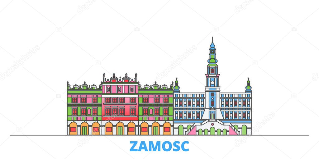 Poland, Zamosc line cityscape, flat vector. Travel city landmark, oultine illustration, line world icons