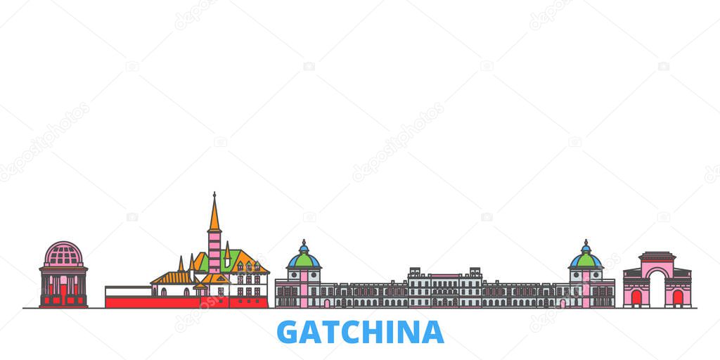 Russia, Gatchina line cityscape, flat vector. Travel city landmark, oultine illustration, line world icons