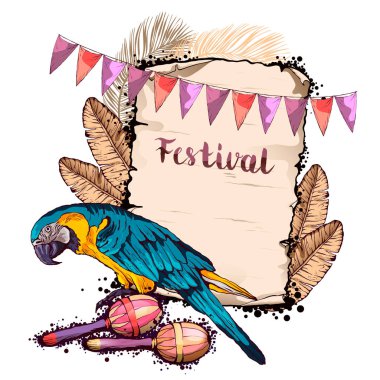 Mavi papağan, tropik çiçekler. Metin yerleştirme için Harf Arkaplan şablonu. Mesaj için tabela. Çiçek çerçevesi, sayfa tasarımı için sınır, poster, duyuru