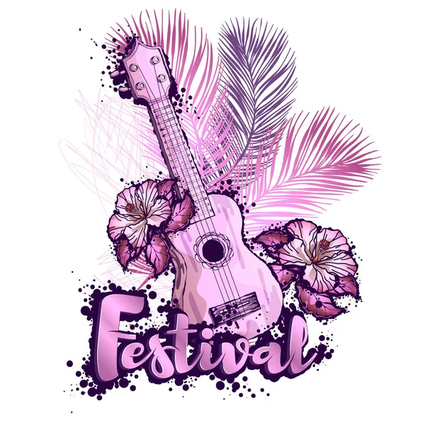 Guitarra Brasileña Ukelele Flores Tropicales Dibujo Color Objeto Aislado Sobre — Vector de stock